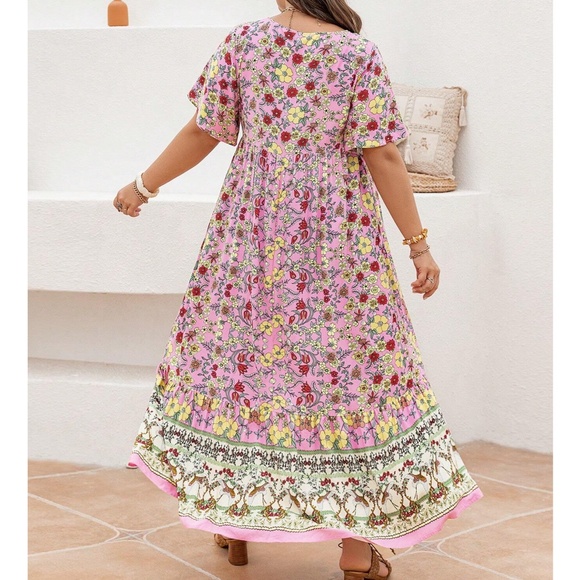 Plus Colorful Floral Print Neck Tie Short Sleeve Maxi Dress - Picture 3 of 4